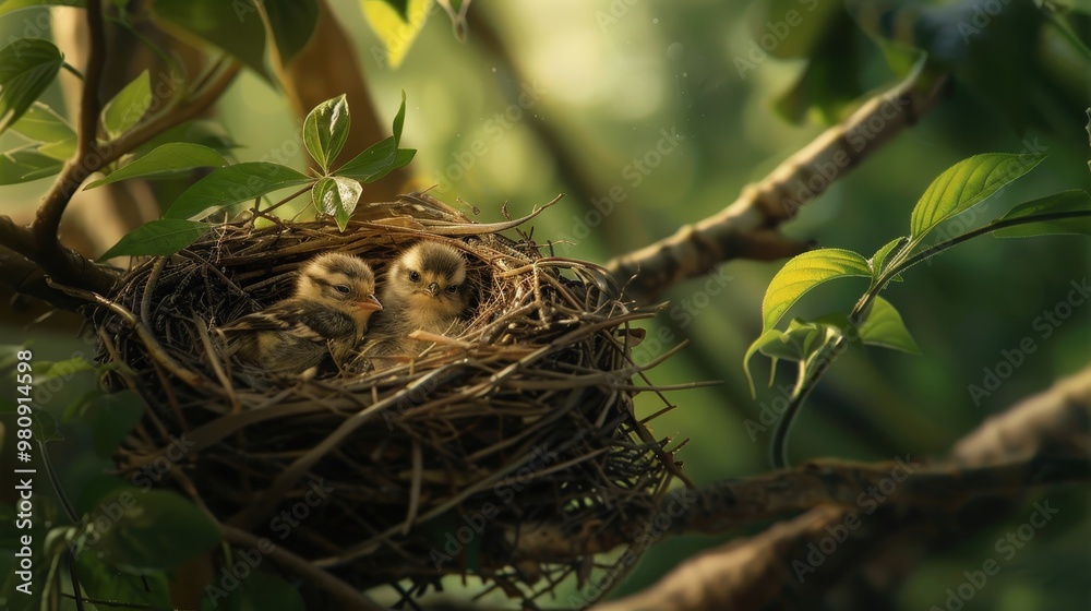 The bird's nest, perched among the branches, cradles two tiny baby birds The bird's nest, perched among the branches, cradles two tiny baby birds
