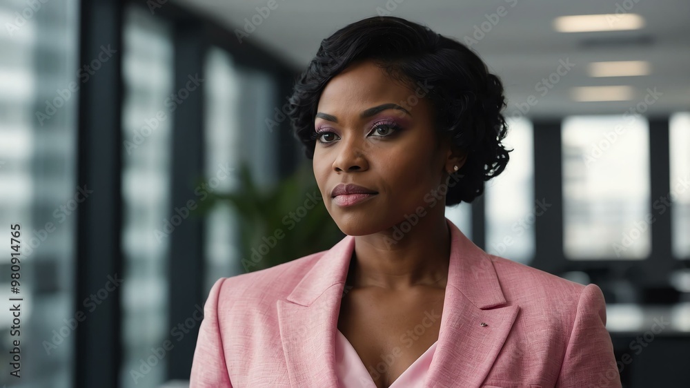 Fototapeta premium adult black hair african woman in pink formal attire model portrait looking confident on an office background for ad concept space for text