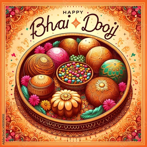 Bhai Dooj poster illustrations of traditional Indian sweets