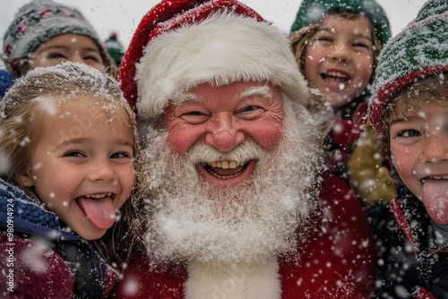 Santa Claus is warmly surrounded by joyful children in a snowy setting, exuding warmth and happiness as they share in the magic of the Christmas season.