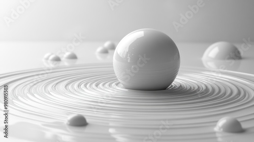 A serene composition of white spheres creating ripples in a liquid.