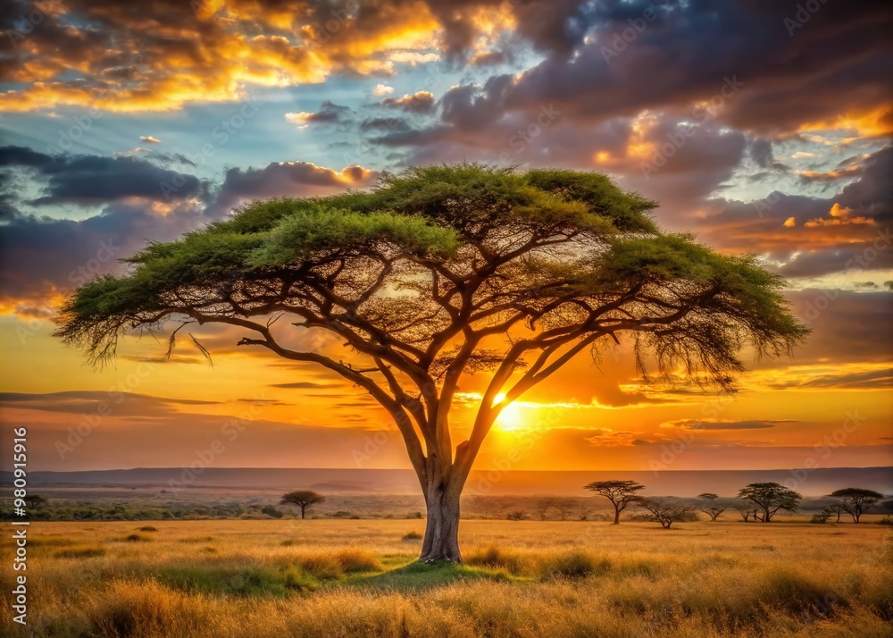 Obraz premium Majestic acacia tree stands tall, its twisted branches and thorny limbs stretching towards the sky, set against a