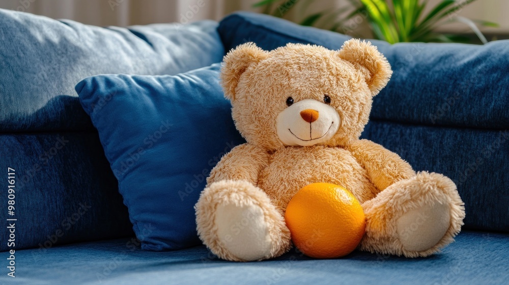 Teddy Bear on a Blue Couch with an Orange Teddy Bear on a Blue Couch with an Orange