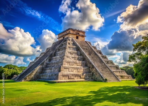 Majestic ancient Mesoamerican pyramid rises from lush green surroundings, showcasing intricate architecture and rich