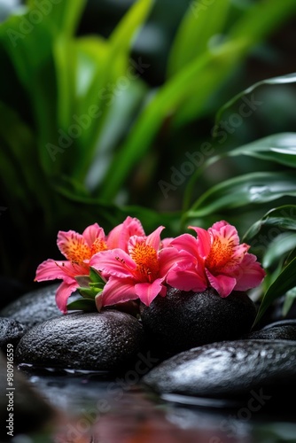  Rare exotic flowers with intricate details are delicately arranged in a serene zen garden