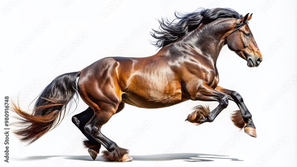 Obraz premium Brown-black Percheron horse jumping towards, isolated on white. 64-69 inches tall, muscular build, equestrian disciplines, France - origin, powerful hoofs - agricultural stallion