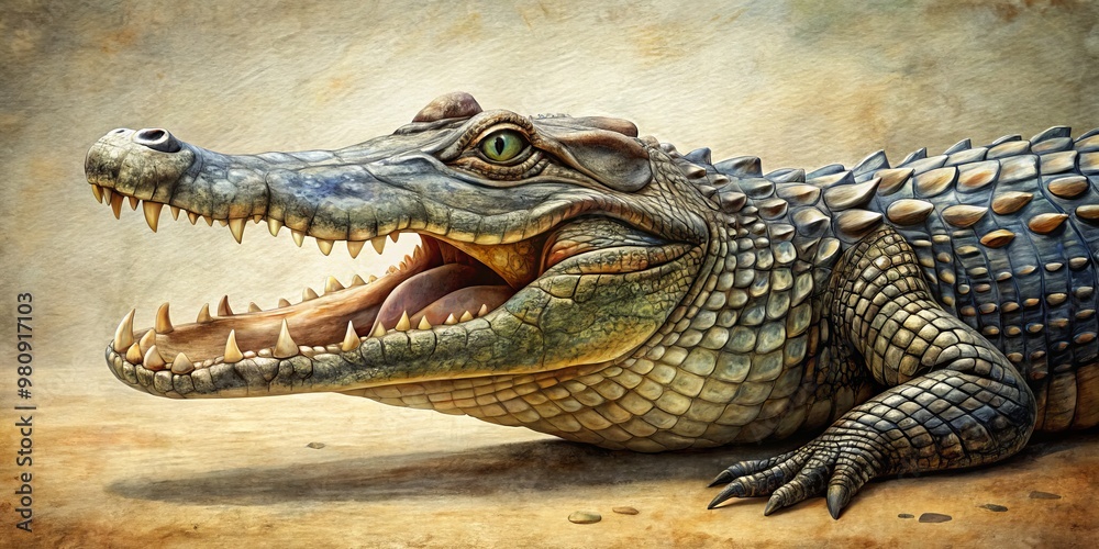 Obraz premium 2. Miniature alligator artwork boasts textured scales and menacing teeth on a rugged canvas, capturing primal power in