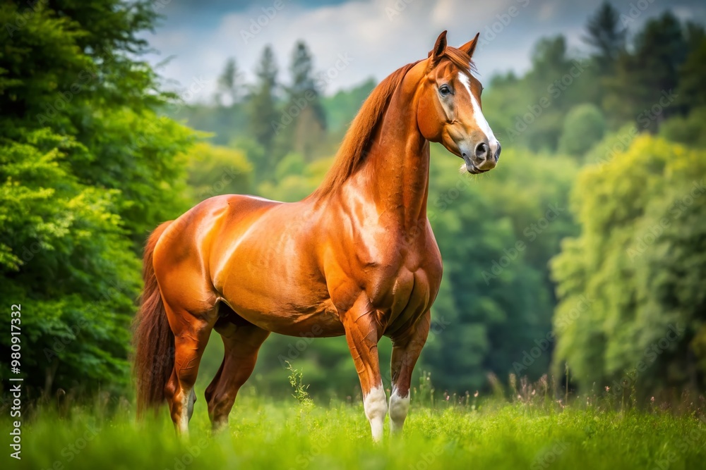 Majestic destrier horse, its powerful physique and muscles rippling beneath a gleaming chestnut coat, stands proudly in Majestic destrier horse, its powerful physique and muscles rippling beneath a gleaming chestnut coat, stands proudly in