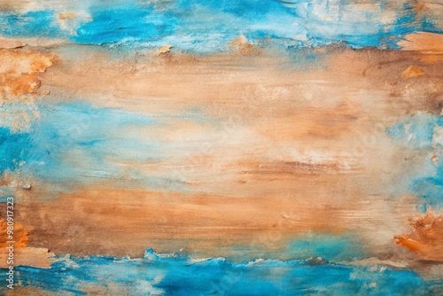 Vibrant abstract painting background with soft pastel brown, Peru, and cadet blue hues blending harmoniously, providing ample space for text or images in a horizontal layout.