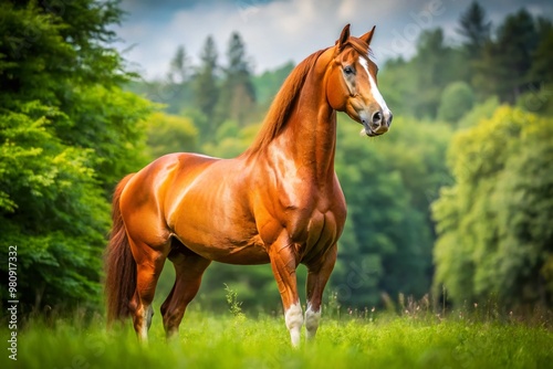 Majestic destrier horse, its powerful physique and muscles rippling beneath a gleaming chestnut coat, stands proudly in