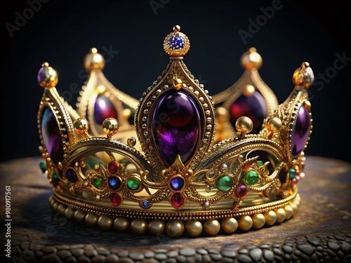 Majestic gold crown adorned with precious gems and intricate filigree, symbolizing royal heritage and national