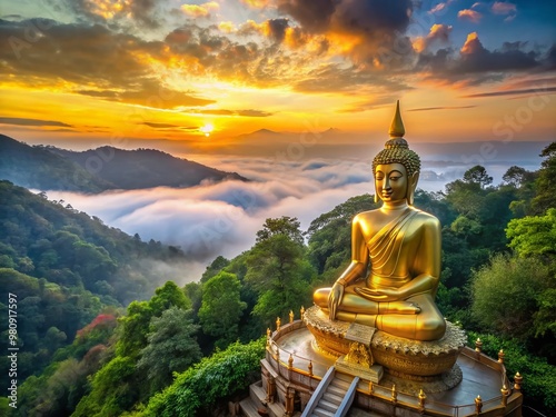 Majestic golden Buddha statue at sunset on Doi Suthep mountain, amidst lush tropical forest and misty hills, Chiang photo