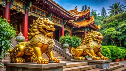 Majestic golden Fu dogs, ornate and intricately carved, stand guard at a traditional Chinese temple entrance, exuding