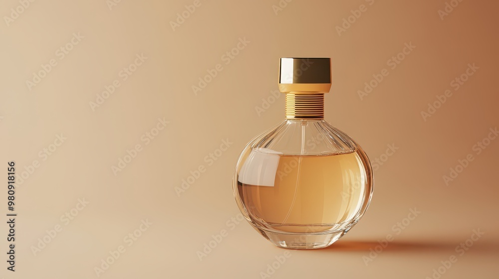High-resolution photo of a clear glass perfume bottle with gold cap, smooth lines, elegant design, solid background High-resolution photo of a clear glass perfume bottle with gold cap, smooth lines, elegant design, solid background