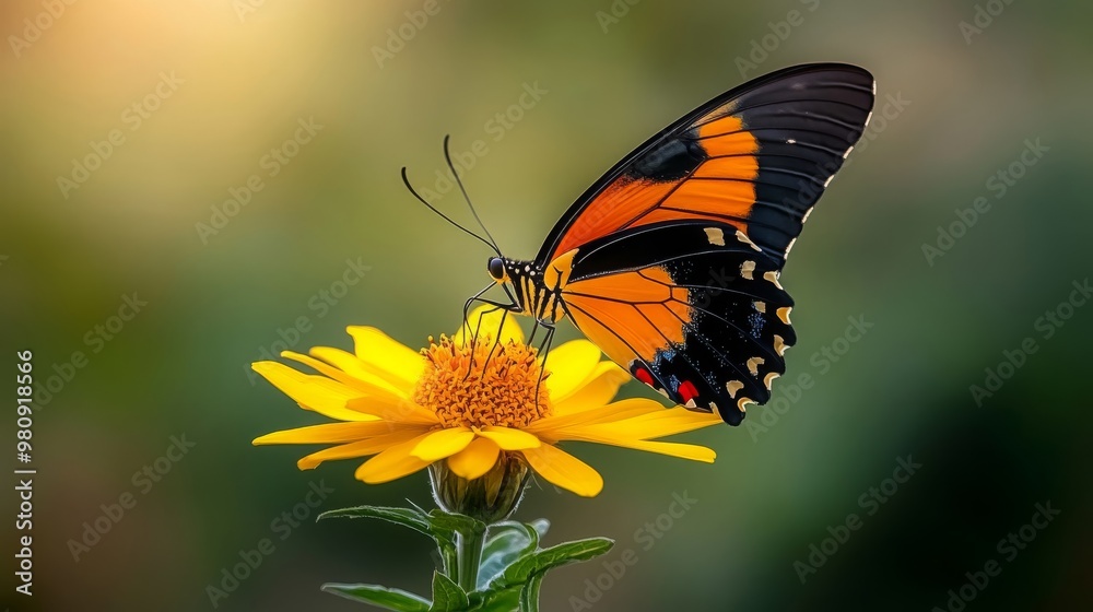 Fototapeta premium Orange and Black Butterfly on Yellow Flower