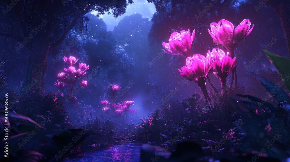 A dreamlike forest scene where giant, exotic flowers tower above the trees A dreamlike forest scene where giant, exotic flowers tower above the trees