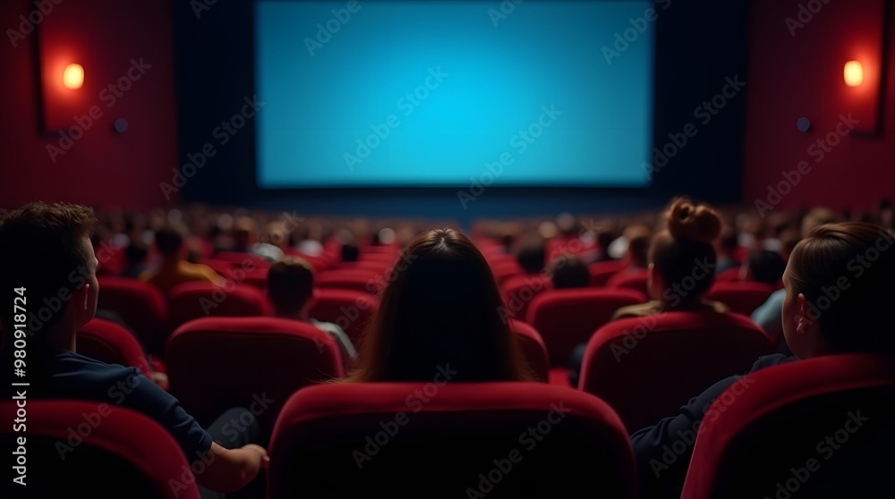 Obraz premium Captivated Audience Awaits the Silver Screen: A packed cinema awaits the start of a film, the anticipation palpable in the air. 
