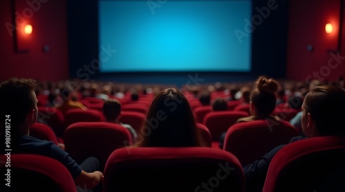 Captivated Audience Awaits the Silver Screen: A packed cinema awaits the start of a film, the anticipation palpable in the air. 