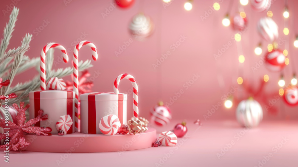 Festive Holiday Candy Canes with Gifts and Ornaments