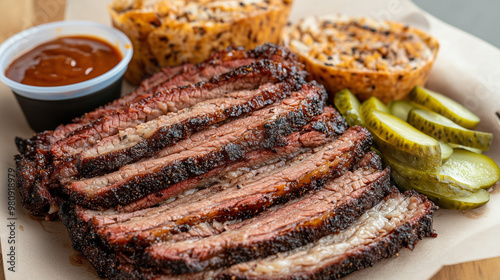 Deliciously smoked brisket served with barbecue sauce, pickles, and flavorful sides, showcasing mouthwatering meat perfection. photo