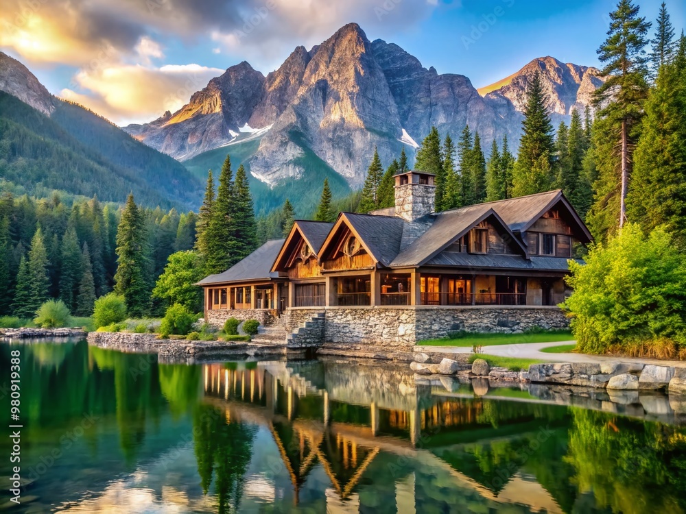 Fototapeta premium Majestic stone and wood visitor center nestled among ancient trees, surrounded by lush greenery, overlooking calm