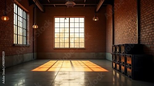 Industrial Loft Interior: Sunlight streams through large windows in an expansive, brick-walled industrial loft space. 