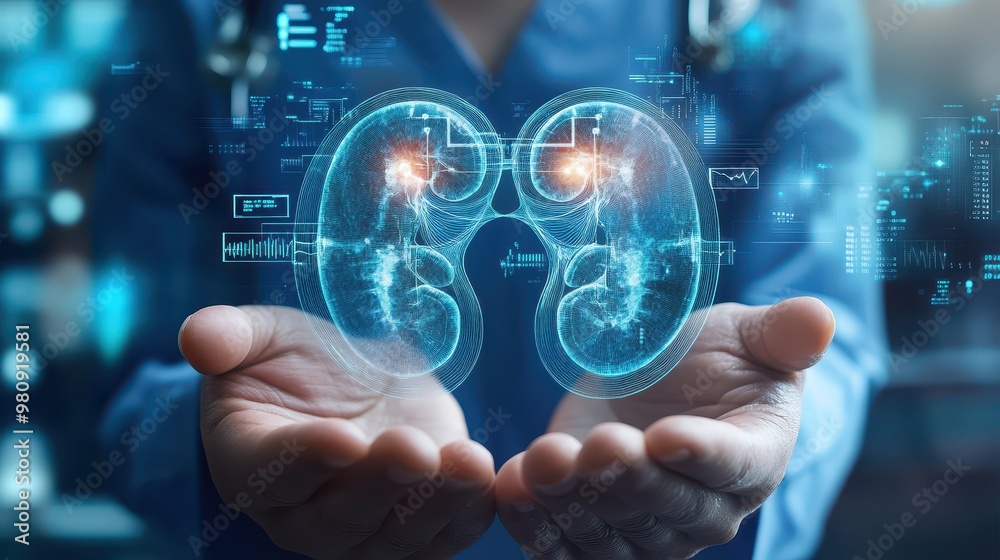 Human kidneys digital diagram held in hands, blue medical technology background with charts Human kidneys digital diagram held in hands, blue medical technology background with charts