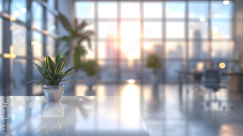 Beautiful blurred background of a light, modern office interior with panoramic windows and elegant lighting Beautiful blurred background of a light, modern office interior with panoramic windows and elegant lighting