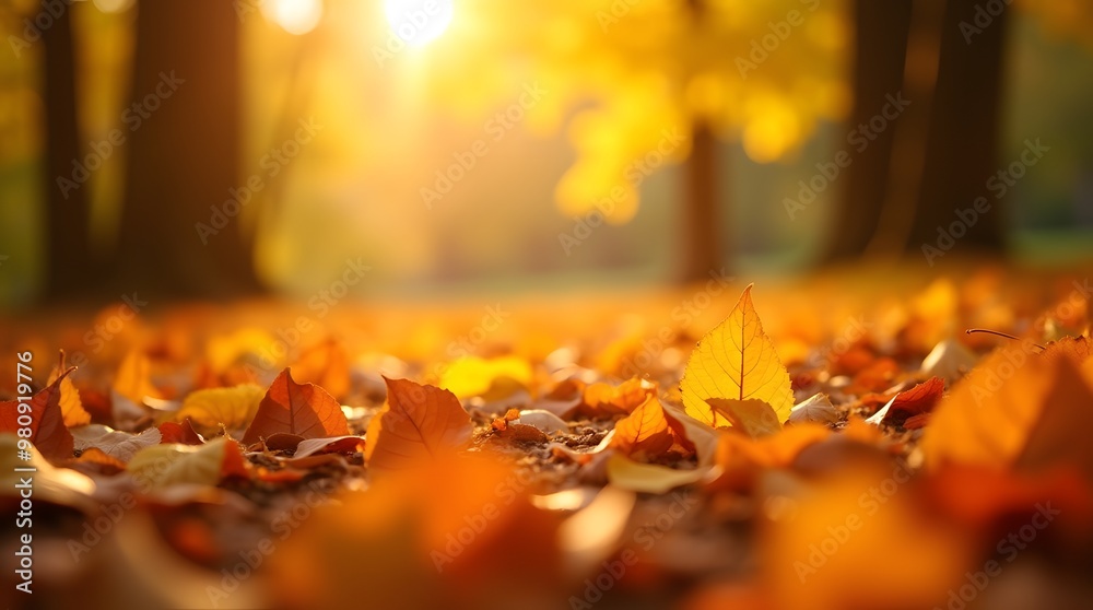 Golden Hour in the Autumn Woods: Fallen leaves bathe in the warm glow of sunset, creating a serene and picturesque autumn scene. 