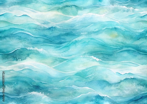 Wallpaper Mural Softly blended hues of turquoise, blue, and white abstract watercolor background featuring a flowing water seamless pattern with gentle waves and subtle texture. Torontodigital.ca