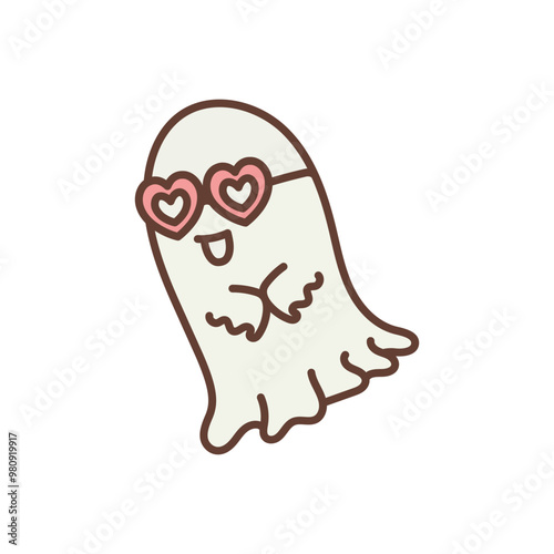 Retro Cute Halloween Ghost with Heart Glasses, Boo Ghost Illustration
