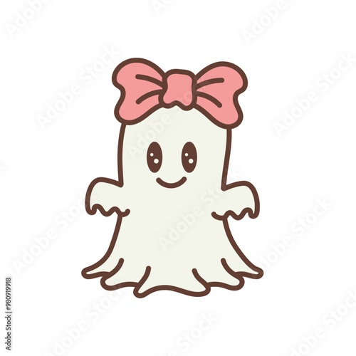 Retro Cute Halloween Ghost with Bow, Boo Ghost Illustration