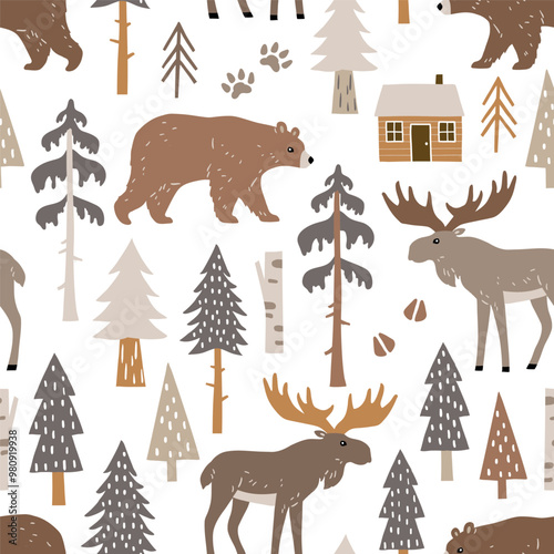 Hand drawn seamless vector pattern with forest animals and pine trees. Woodland landscape with moose, bear and woodhouse. EPS 10 vector file. Perfect for textile, wallpaper, print. 