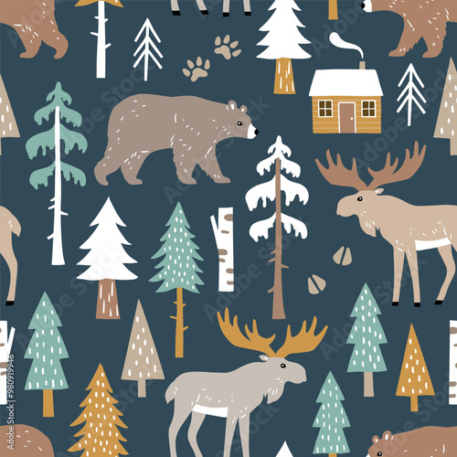 Hand drawn seamless vector pattern with forest animals and pine trees. Woodland landscape with moose, bear and woodhouse. EPS 10 vector file. Perfect for textile, wallpaper, print. 