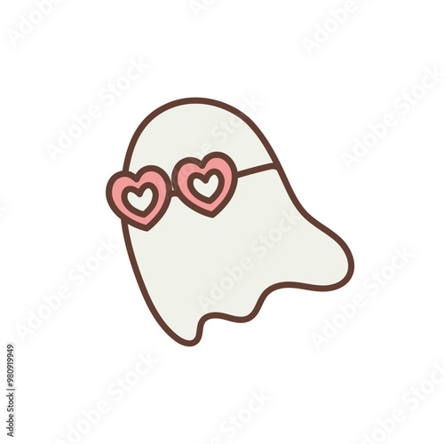Retro Cute Halloween Ghost with Heart Glasses, Boo Ghost Illustration