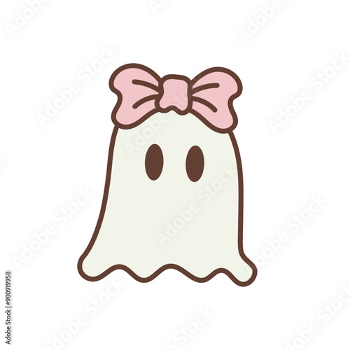 Retro Cute Halloween Ghost with Bow, Boo Ghost Illustration