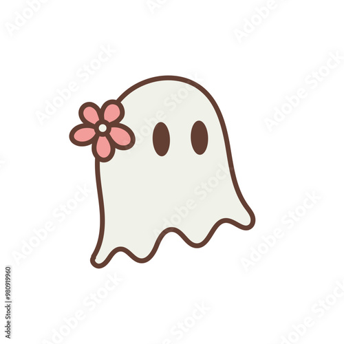 Retro Cute Halloween Ghost with Flower, Boo Ghost Illustration