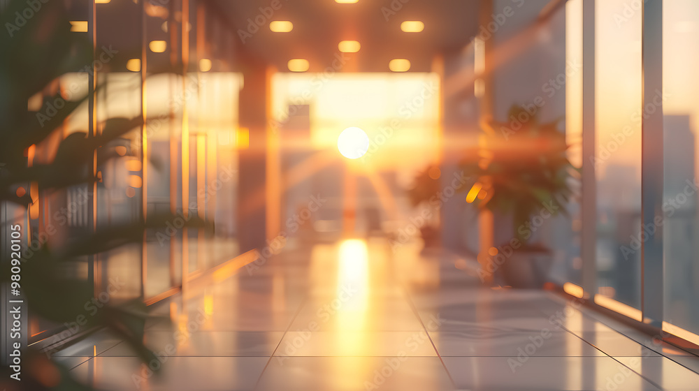 Beautiful blurred background of a light, modern office interior with panoramic windows and elegant lighting Beautiful blurred background of a light, modern office interior with panoramic windows and elegant lighting