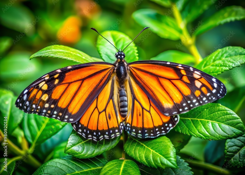 Vibrant Monarch Butterfly Resting on Bright Green Leaves in a Natural Garden Setting Vibrant Monarch Butterfly Resting on Bright Green Leaves in a Natural Garden Setting