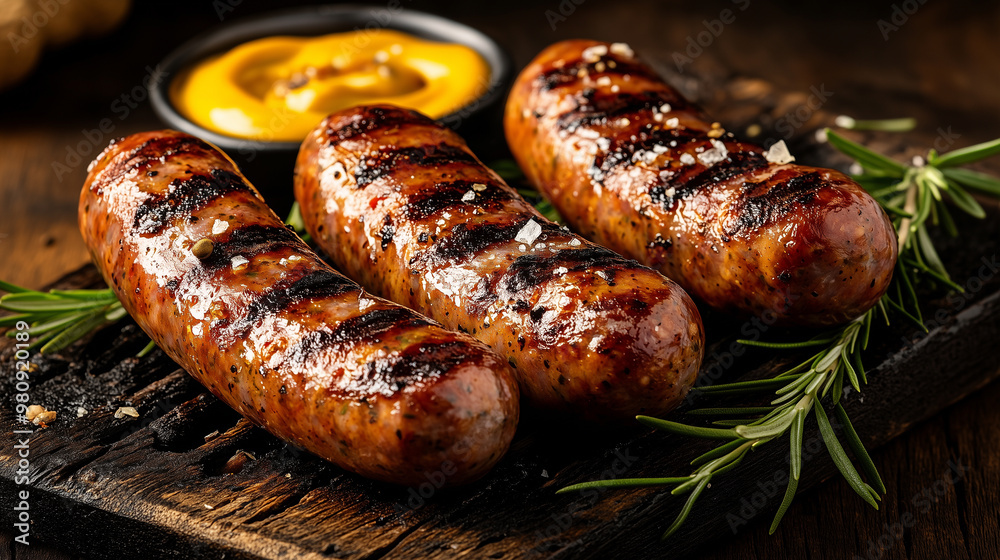Grilled sausages served on a rustic wooden board, accompanied by mustard and garnished with fresh herbs. Grilled sausages served on a rustic wooden board, accompanied by mustard and garnished with fresh herbs.