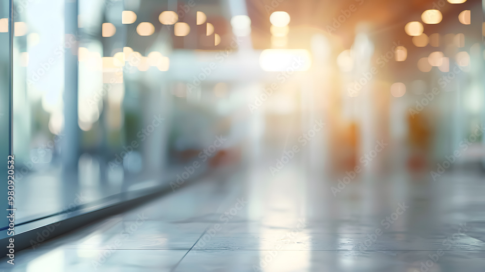 Beautiful blurred background of a light, modern office interior with panoramic windows and elegant lighting Beautiful blurred background of a light, modern office interior with panoramic windows and elegant lighting
