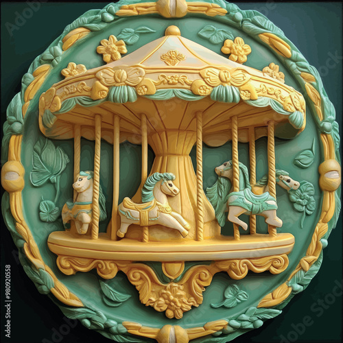 Close-up of a 3D bas-relief of a children's carousel in yellow-green tones.Vector. Resource, sketch, template for creativity, creative interior decor, exterior facade decor. Illustration for advertisi