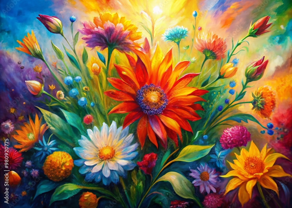 Fototapeta premium Vibrant fluid abstract blooms swirl in mesmerizing dance, radiating tender warmth and beauty, evoking feelings of serenity and joy in this stunning colorful floral oil painting.