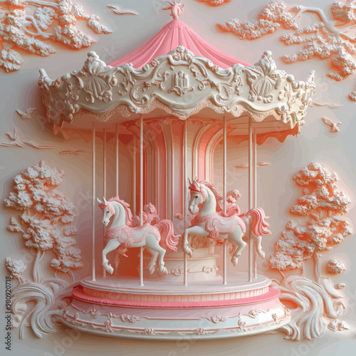 Close-up of a 3D bas-relief of a children's carousel in vanilla pink tones.Vector. Resource, sketch, template for creativity, creative interior decor, exterior facade decor. Illustration for advertisi