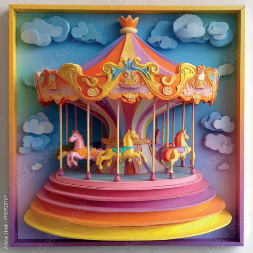 Close-up of a 3D bas-relief of a children's carousel in rainbow colors.Vector. Resource, sketch, template for creativity, creative interior decor, exterior facade decor. Illustration for advertising a