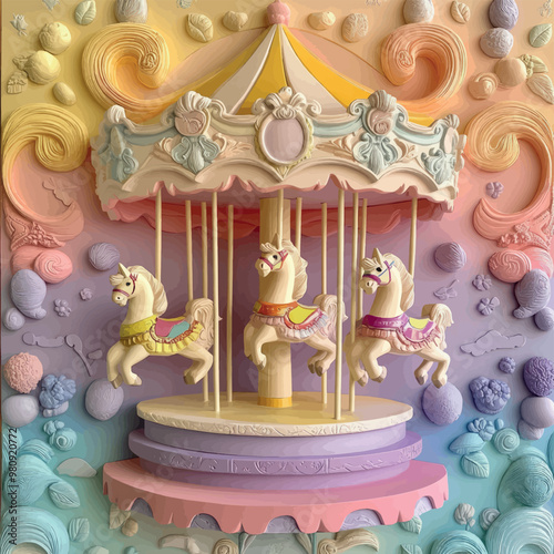 Close-up of a 3D bas-relief of a children's carousel in rainbow colors.Vector. Resource, sketch, template for creativity, creative interior decor, exterior facade decor. Illustration for advertising a