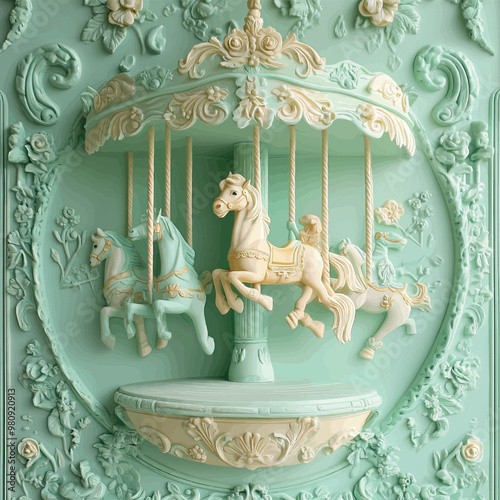 Close-up of a 3D bas-relief of a children's carousel in vanilla and mint colors.Vector. Resource, sketch, template for creativity, creative interior decor, exterior facade decor. Illustration for adve