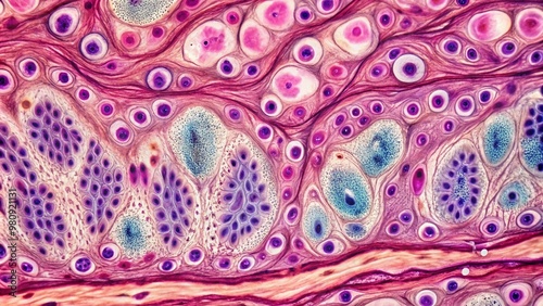 Microscopic view of stratified squamous epithelial cells in corneum layer of human skin, showcasing flat, anucleated photo