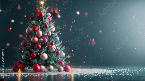 Christmas Tree with Pink Ornaments and Falling Snow photo