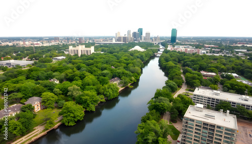 Birds eye view over the Buffalo Bayou in Houston, Texas isolated with white highlights, png photo